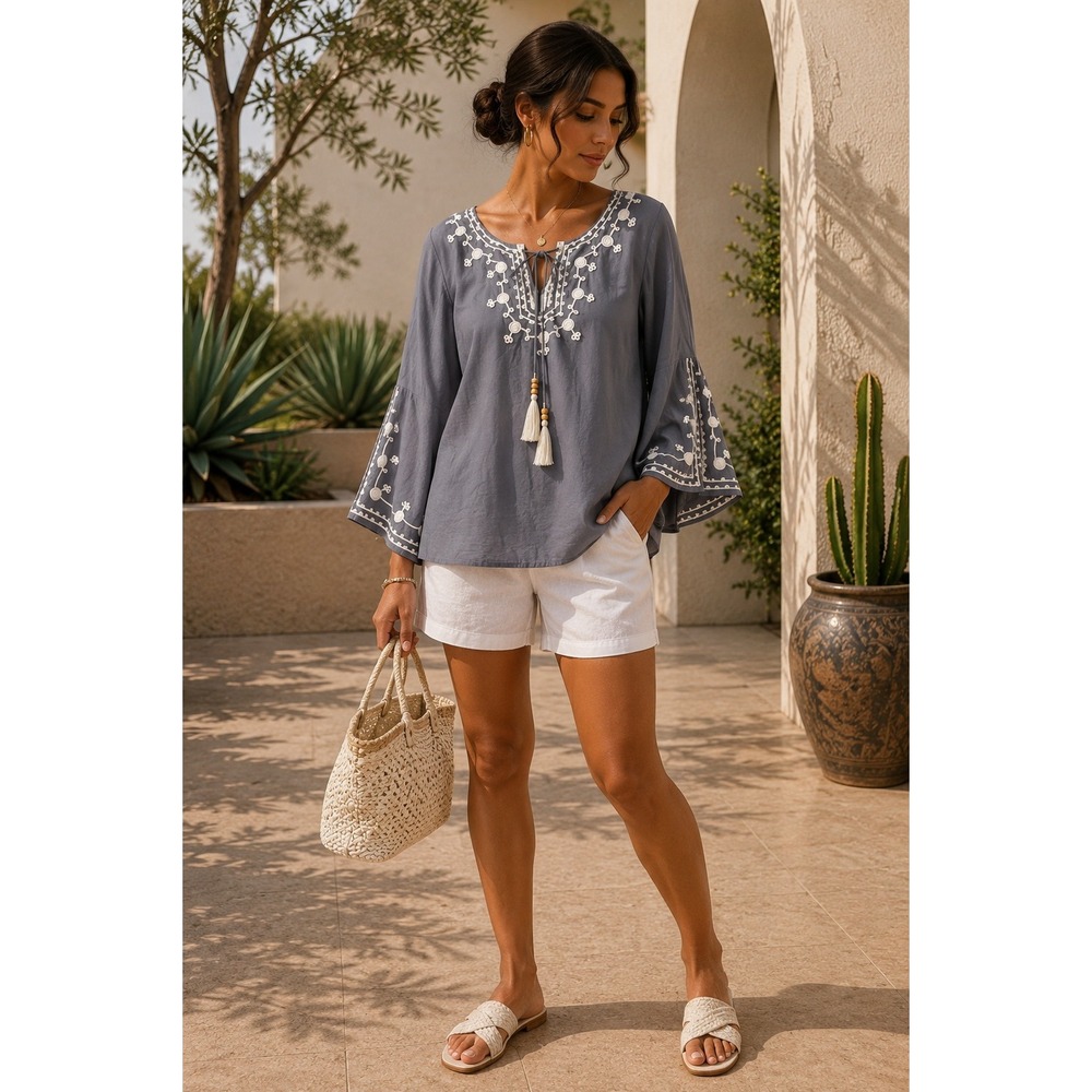 Floryday Grey Embroidered Boho Tunic Top Bell Sleeve Tassel Tie Size L NWT